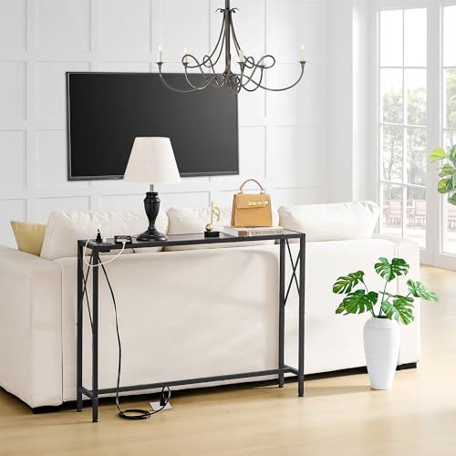 Gewudraw 41.7" Console Table, Narrow Behind The Couch Table with Outlet, Industrial Skinny Sofa Table for Hallway, Entryway, Living Room,Walnut Gewudraw