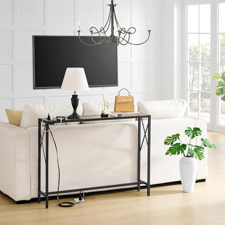 Gewudraw 41.7" Console Table, Narrow Behind The Couch Table with Outlet, Industrial Skinny Sofa Table for Hallway, Entryway, Living Room,Walnut Gewudraw