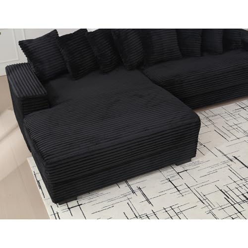 Eafurn Left Facing Oversized Modular Sectional Sofa Two-Piece Cloud Couch with Extra Wide Chaise Lounge, Corduroy Upholstered L Shaped Loveseat Sofa&Couches for Living Room Apartment, Black 111"