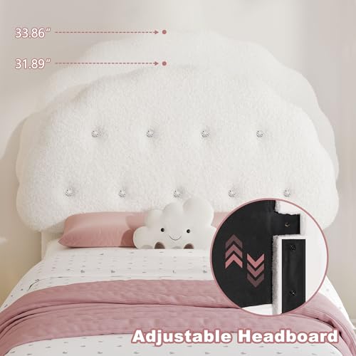 Decofy Cookie Twin Upholstered Bed Frame with LED Lights, Floating Bed Frames with Adjustable Headboard and Raised Footboard for Princess/Prince Bedroom, Teddy Velvet（White） Decofy