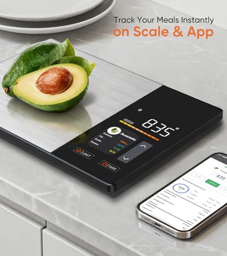 KUAIVO Smart Nutrition Food Scale with TFT Display, Tracks Calories, Fat, Carbs & Protein, Works with App for Daily Reports, 50 Built-in Foods, 23 Nutrients, Digital Kitchen Scale for Meal Prep KUAIVO
