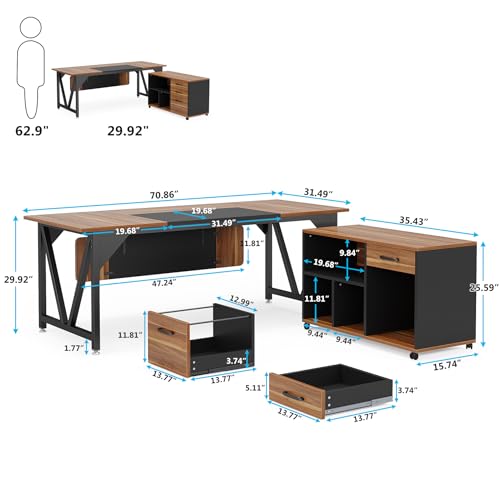 LITTLE TREE 70.8" Executive Desk with 35.4" File Cabinet, L-Shaped Computer Desk, Wood Office Desk for Home Office - WoodArtSupply