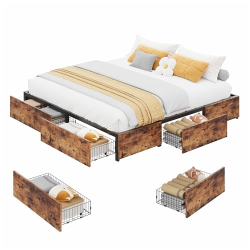 LIKIMIO King Bed Frame with Storage, 4 Drawers and Heavy Strong Metal Support Frames, Solid Stable, Noise-Free, No Box Spring Needed, Easy Assembly, Vintage Brown LIKIMIO