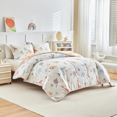 Joyreap 3pcs Cotton Queen Size Comforter Set for Kids Boys Girls, Zoo Theme Animals White n Brown Design, Soft n Cozy 3 Pieces Bedding Comforter Set for All Season- 88x88 inches Joyreap