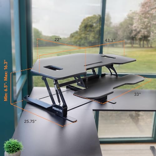 Mount-It! Corner Standing Desk Converter Height Adjustable 43” Wide Desktop, Corner Stand Up Desk with Gas Spring Lift Asssit, Stand Up Computer Workstation with Ergonomic Keyboard Tray | Black Mount-It!