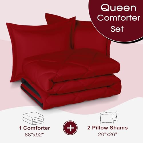 Basic Beyond Queen Comforter Set, Red and Black Comforter Set Queen Size, Reversible Bed Comforter Queen Bed Set for All Seasons, 1 Comforter (88"x92") and 2 Pillow Shams (20"x26"+2") Basic Beyond