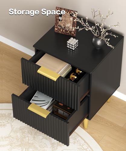 Akxomel Black Nightstand Set of 2, Fluted Night Stand with Charging Station, 13.8" D x 15" W x 23.2" H, 2 Drawers Modern Bedside Table with USB Ports and Outlets, Golden Side Table for Bedroom Akxomel