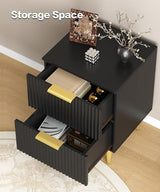 Akxomel Black Nightstand Set of 2, Fluted Night Stand with Charging Station, 13.8" D x 15" W x 23.2" H, 2 Drawers Modern Bedside Table with USB Ports and Outlets, Golden Side Table for Bedroom Akxomel
