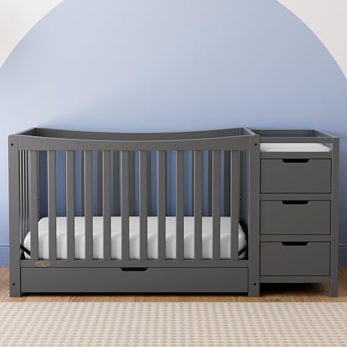 Graco Remi 4-in-1 Convertible Crib & Changer with Drawer (Gray) – GREENGUARD Gold Certified, Crib and Changing -Table Combo, Includes Changing Pad, Converts to Toddler Bed, Daybed and Full-Size Bed Graco