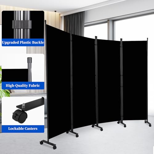 Room Divider 6FT Room Partition with Lockable Wheels, (Thicked Metal Base) Room Dividers, Freestanding Indoor Folding Privacy Screens, Portable Fabric Wall Divider for (Black, 88"- 4 Panel) JVVMNJLK