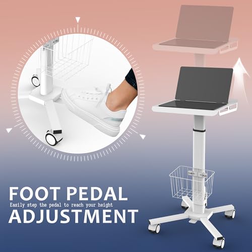 TUILUN Adjustable Height Portable Laptop Desk with Wheels,White Computer Cart on Wheels,Standing Mobile Desk Workstation, Utility Medical Cart TUILUN