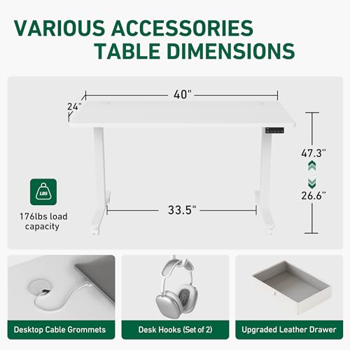 FEZIBO 40 x 24 Inches Standing Desk with Drawer, Adjustable Height Electric Stand up Desk with Storage, Sit Stand Home Office Desk, Ergonomic Computer Desk, White - WoodArtSupply