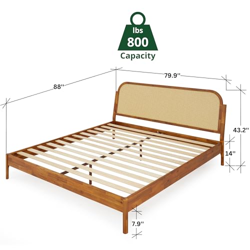 Bme Aurelia King Solid Wood Bed Frame with Rattan Headboard - Bohemian & Mid Century Modern Style - Wood Slat Support - No Box Spring Needed - Easy