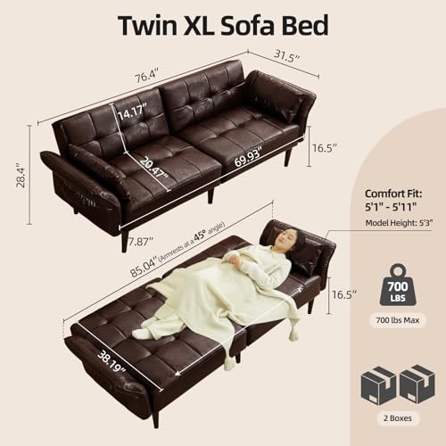 HALLYBEE 85” Futon Sofa Bed, Sleeper Sofa, Small Couch with Storage Adjustable Armrests Pillows, Faux Leather Loveseat, Mid Century Modern Couches for Living Room, Bedroom, Apartment, Coffee Brown HALLYBEE