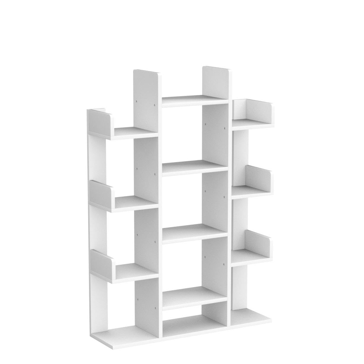 Aheaplus Bookshelf, Tree-Shaped Bookcase Storage Shelf with 13 compartments, Books Organizer Display Cube Shelves, Industrial Free Floor Standing Wood Open Bookshelves for Home, White