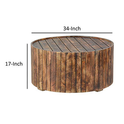 The Urban Port 34-Inch Handmade Wooden Round Coffee Table with Plank Design, Burned Brown - WoodArtSupply