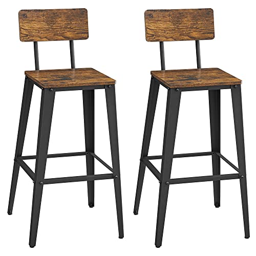 VASAGLE Industrial Style Set of 2 Backed Bar Stools with Steel Frame in Rustic Brown and Black - WoodArtSupply