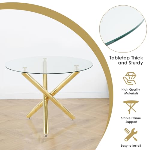 HAIZAO 5 Pieces Gold Round Glass Dining Table Set, Modern Luxury Circle Kitchen Set for 4, 36'' Clear Minimalist Circular Glass Top Dinner Room Set, Black High-end Tufted Chairs, for Small Place HAIZAO