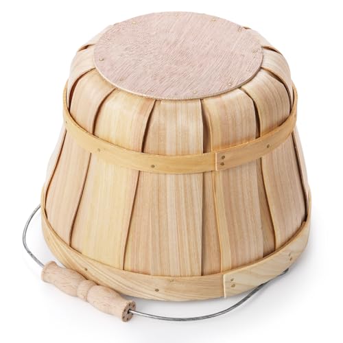 Okllen 2 Pack Round Wooden Baskets with Handle, Empty Wood Fruit Buckets, Fall Harvest Basket for Display Fruits Vegetables, Home Garden and Party Supplies, Natural Color Okllen