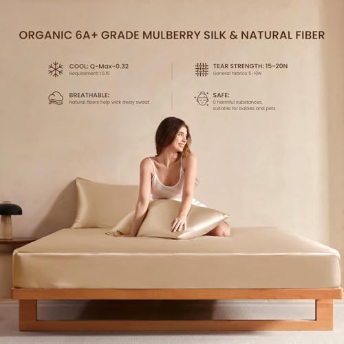 THXSILK Luxury Mulberry Silk Fitted Sheet Set 3 Pcs, King Silk Bed Sheet Set with 16" Deep Pockets, Soft & Cooling Sheets, 1 Fitted Sheet, 2 Pillowcases with Zipper Closure - Champagne THXSILK