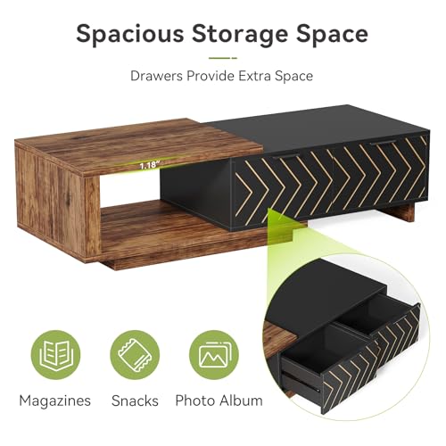 LITTLE TREE Expandable Wooden Coffee Table with 2 Drawers, Space-Saving Rectangular Farmhouse Center Table, Perfect for Living Room and Office, Brown and Black LITTLE TREE