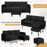 JAMFLY Couches for Living Room, 3-Seat Reversible Sectional Sofa with Convertible Ottoman, Modern Ribbed Fabric L-Shaped Couch for Small Apartment, Studio & Office, Easy Assembly, Black JAMFLY