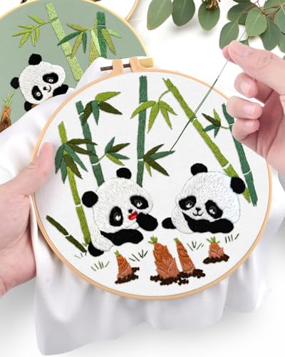 ERKOON 4 Sets Embroidery Kit for Beginners, Animal Cross Stitch Set for Adult Include Embroidery Cloth Hoops Threads for Craft Lover Hand Stitch (Panda) ERKOON