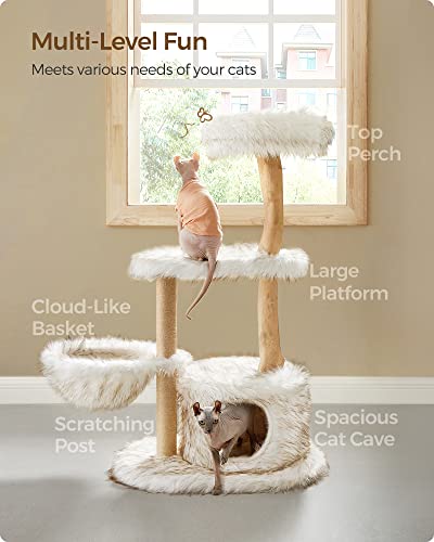 Feandrea Modern Cat Tree, Wood Cat Tower for Large Cats up to 22 lb, 48.4-Inch Luxury Cat Condo with Scratching Post, Perch, Cave, Basket, White UPCT144W01 - WoodArtSupply