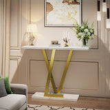 43.3" Gold Console Table, Modern Entryway Table with White Faux Marble Top & Metal Base, Narrow Sofa Table for Living Room, Hallway, Foyer PyroLog