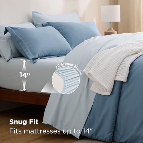 Bedsure Queen Comforter Set - 7 Pieces Grayish Blue Queen Bedding Set for All Seasons, Boho Contrasting Design Bed in a Bag with Comforter, Sheets, Pillowcases & Shams Bedsure
