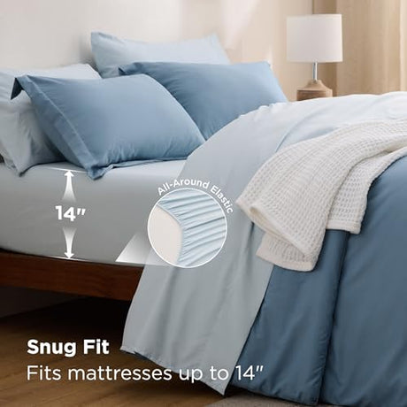 Bedsure Full Size Comforter Set - 7 Pieces Grayish Blue Full Bedding Set for All Seasons, Boho Contrasting Design Bed in a Bag with Comforter, Sheets, Pillowcases & Shams Bedsure