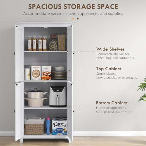 HOMCOM 72" Freestanding Kitchen Pantry Cabinet, Farmhouse Tall Storage Cabinet with 4 Door Cabinets and Adjustable Shelves for Dining Room, White HOMCOM