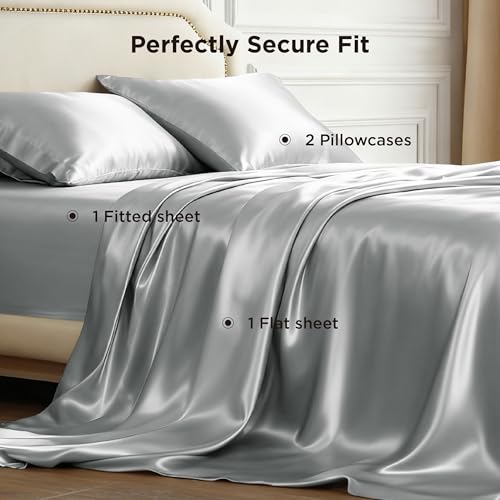 Bedsure Satin Sheets King Size - 4 Piece Silky Bedsheets with 15 Inches Deep Pocket Fitted Bedsheet,1 Flat Sheet, 2 Satin Pillowcases, Good for Hair & Skin (King, Silver Grey) Bedsure