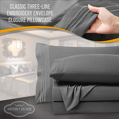 Abeero Home King Size Sheets Set Cooling - Luxury Hotel Sheet - Soft Bed Sheet with Elastic Corner Straps - Deep Pockets Microfiber Bedsheet - Bedding Sheets & Pillowcases - 4 Piece (King, Gray) Abeero Home
