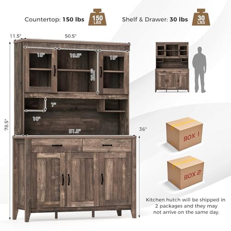 SILKYDRY 78.5" Tall Kitchen Hutch Storage Cabinet, Large Buffet Cupboard with Glass Doors, Drawers, Adjustable Shelves, Wooden Kitchen Pantry Cabinet with Microwave Shelf for Home Coffee Bar SILKYDRY