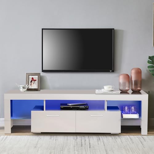 FENFSHE LED TV Stand for 65/70/75 Inch TV, Entertainment Center with Storage Drawer, Industrial TV Console Table for Living Room and Bedrooms, White