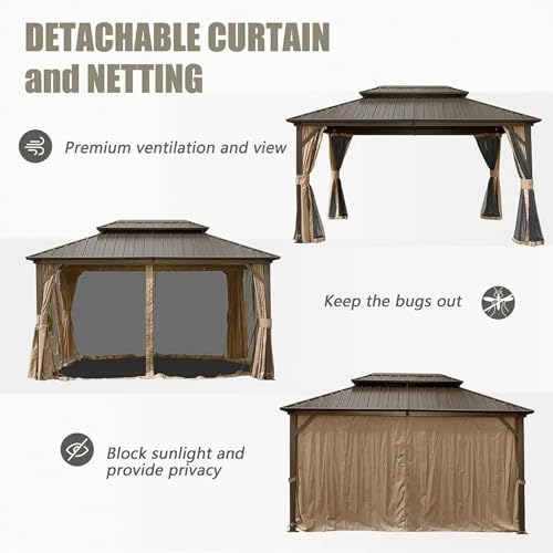 Domi Hardtop Gazebos 10x12FT, Aluminum Metal Gazebo with Galvanized Steel Double Roof Canopy, Curtain and Netting, Permanent Gazebo Pavilion for Patio, Backyard, Deck and Lawn, Brown domi outdoor living