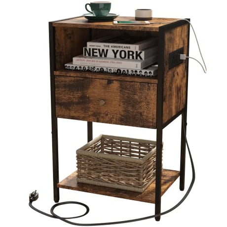 LDTTCUK Nightstand with Charging Station, Modern End Table with Drawer, Bedside Table with Open Storage for Bedroom,Rustic Brown LDTTCUK
