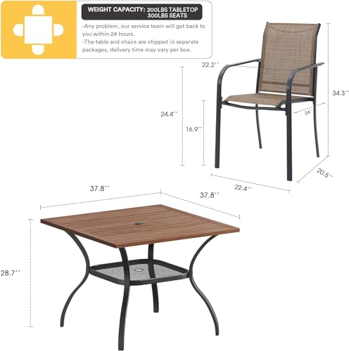 VICLLAX 5 Pieces Patio Dining Set, Outdoor Furniture Set includes 1 Square Patio Table and 4 Stackable Patio Sling Chairs, Outdoor Table and Chairs for Outsides, Walnut Table and Brown Chairs VICLLAX