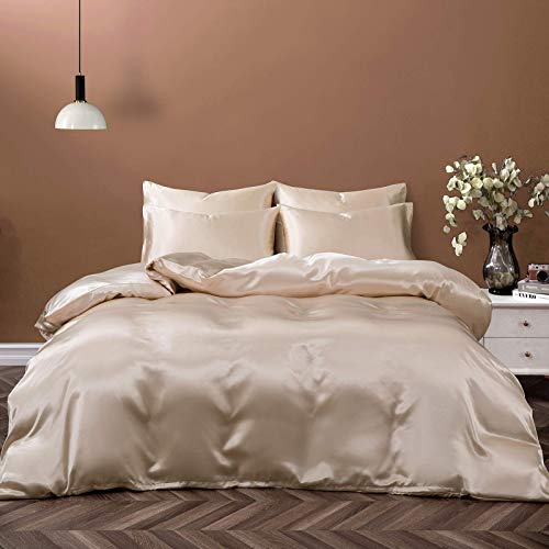 P Pothuiny 5 Pieces Satin Duvet Cover King Size Set, Luxury Silky Like Taupe Duvet Cover Bedding Set with Zipper Closure, 1 Duvet Cover + 4 Pillow Cases (No Comforter) P Pothuiny