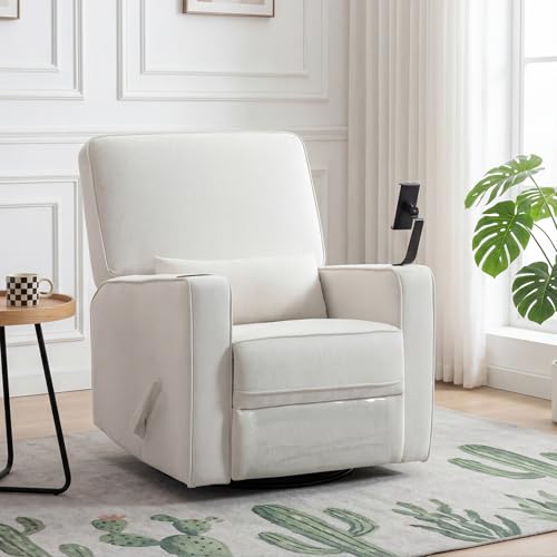 360° Swivel Rocker Recliner Chair with Adjustable Footrest, Rocking Chair Nursery with Phone Stand & Cup Holder,Manual Nursing Chair Glider Recliner Armchair for Adults, Living Room (Beige)