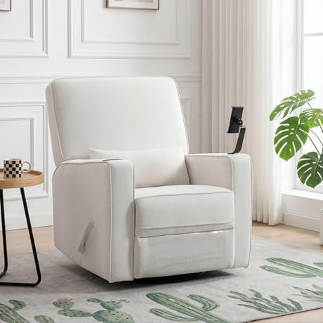 360° Swivel Rocker Recliner Chair with Adjustable Footrest, Rocking Chair Nursery with Phone Stand & Cup Holder,Manual Nursing Chair Glider Recliner Armchair for Adults, Living Room (Beige) FiveWillowise