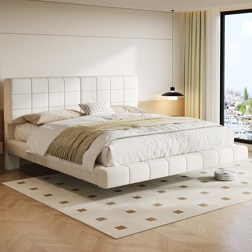 Merax King Size White Boucle Upholstered Platform Bed with Tall Headboard, Modern Floating Bed Frame with LED Lights for Bedroom, Solid Wood Slats Support, No Box Spring Needed, Easy Assembly Merax
