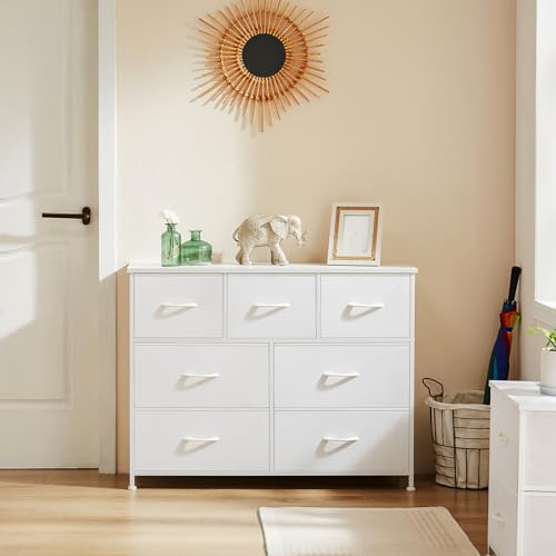 Dresser for Bedroom with 7 Drawers, Anti-Tip Wide Fabric Chests Storage Organizer Tower Furniture, TV Stand for TV up to 45 inch with Wooden Top Metal Frame for Clothes, Living Room, Hallway, Entryway Atilioo