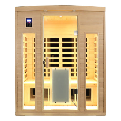 Low EMF, There is also a heating plate on the glass door, Hemlock wood Far-infrared indoor Three person sauna room HouseOfZazla
