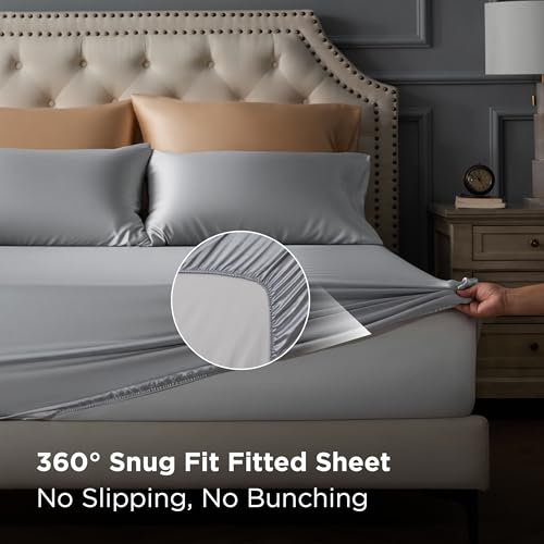 Bedsure Satin Sheets King Size - 4 Piece Silky Bedsheets with 15 Inches Deep Pocket Fitted Bedsheet,1 Flat Sheet, 2 Satin Pillowcases, Good for Hair & Skin (King, Silver Grey) Bedsure