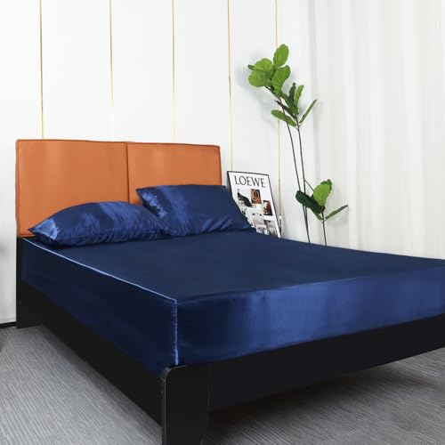 Lirex Satin Fitted Sheet Twin XL Size,Luxury & Ultra Soft Deep Pocket Single Bottom Bed Sheets Sold Separately, Navy Blue Lirex