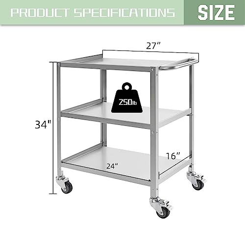 Hally Stainless Steel Utility Cart 3 Tier NSF Commercial Heavy Duty Metal Mobile Food Rolling Cart with Handle and Wheels for Kitchen, Restaurant, Hospital, Laboratory and Home, 24" L x 16" W x 34" H HALLY SINKS & TABLES H