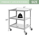 Hally Stainless Steel Utility Cart 3 Tier NSF Commercial Heavy Duty Metal Mobile Food Rolling Cart with Handle and Wheels for Kitchen, Restaurant, Hospital, Laboratory and Home, 24" L x 16" W x 34" H HALLY SINKS & TABLES H