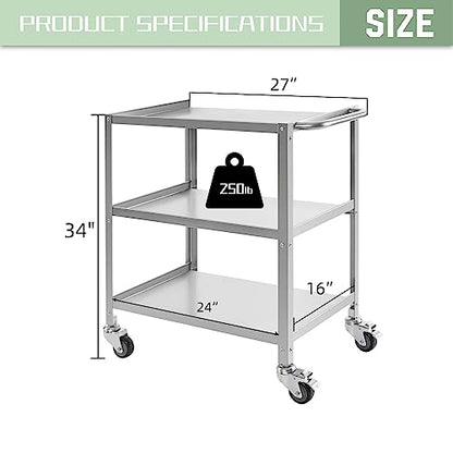 Hally Stainless Steel Utility Cart 3 Tier NSF Commercial Heavy Duty Metal Mobile Food Rolling Cart with Handle and Wheels for Kitchen, Restaurant, Hospital, Laboratory and Home, 24" L x 16" W x 34" H